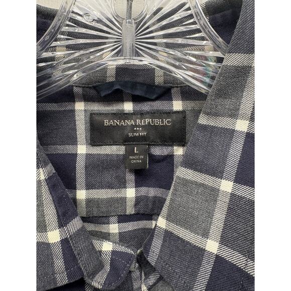 Banana Republic Button Up Plaid Shirt Slim 100% Cotton Black Gray Plaid Men's L - Picture 3 of 6